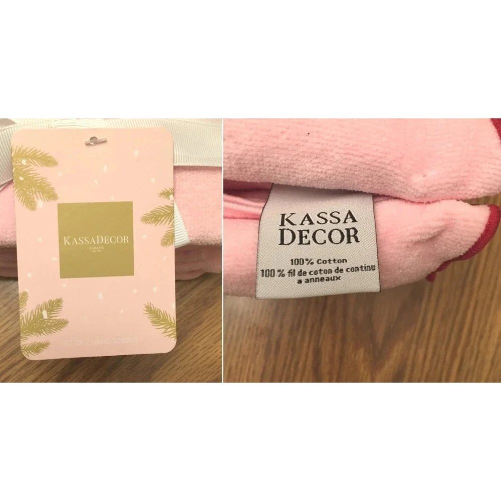 Set of 2 Kassatex Cotton Hand Towels Pink Christmas Candy Cane w Bow Rhinestone